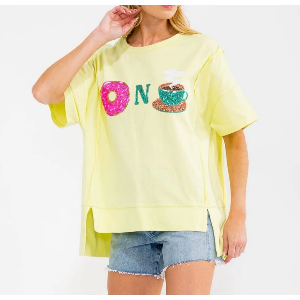 Fantastic Fawn | donut n coffee graphic sequin oversized top
